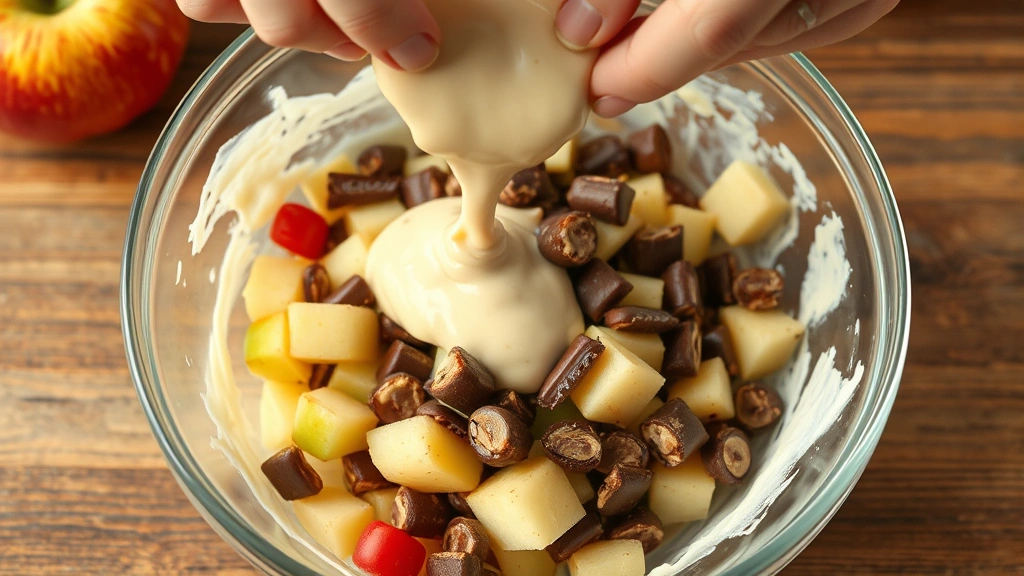 process: hands folding creamy dressing into apple and Snickers mixture in a glass bowl, photorealistic, natural light, close-up action shot, no text