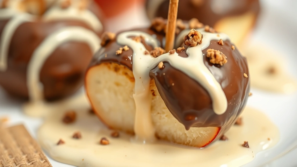 detail: close-up of individual apple piece with Snickers coating and creamy dressing, photorealistic, shallow depth of field, bright natural light, no text