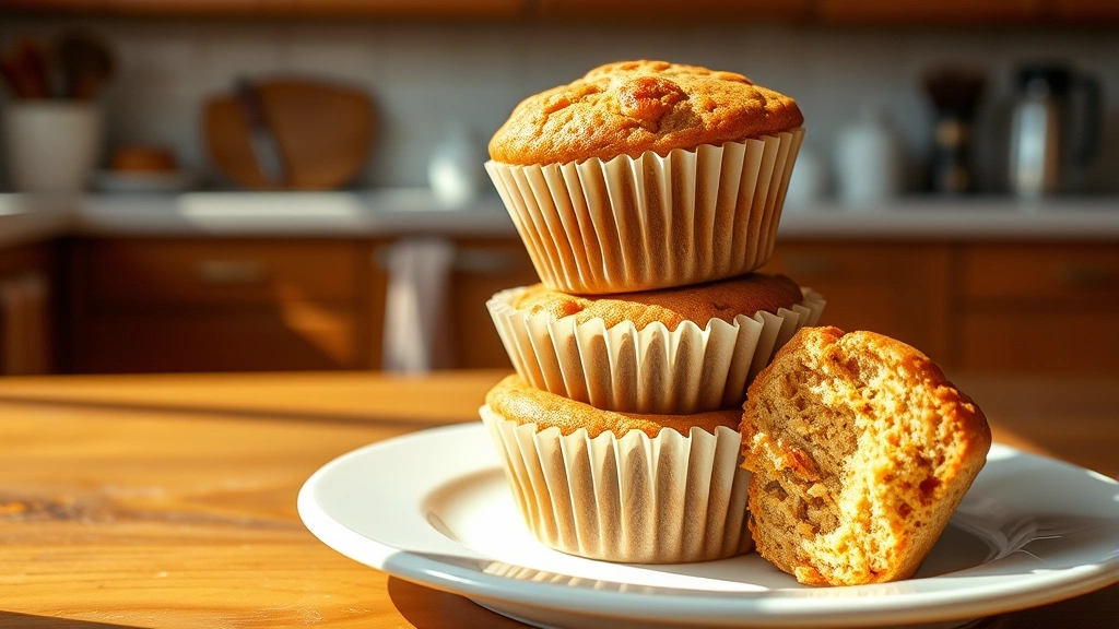 hero: stack of three golden-brown applesauce muffins in paper liners on white ceramic plate, warm afternoon sunlight streaming across wooden table, cozy kitchen background slightly blurred, one muffin with bite taken out showing tender crumb