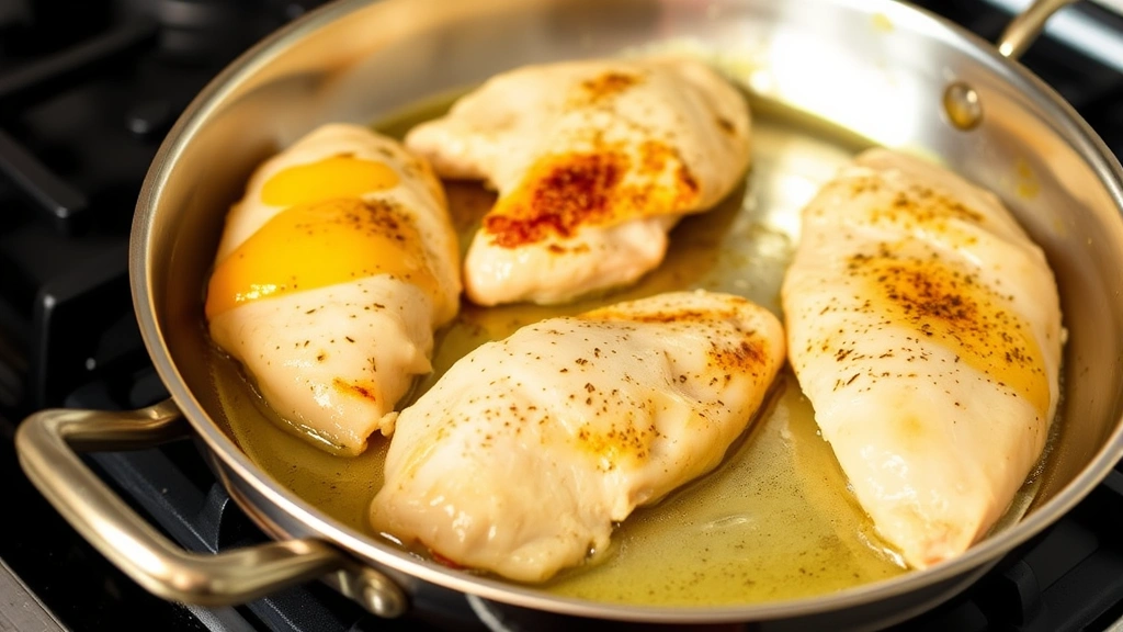 process: searing chicken breasts in butter in stainless steel skillet, golden brown crust forming, pan over stovetop, natural kitchen lighting, no text