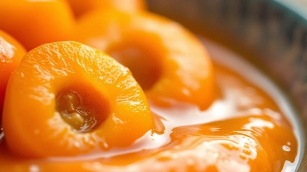 detail: close-up of apricot sauce with whole apricot halves, glossy texture, shallow depth of field, warm natural light, no text