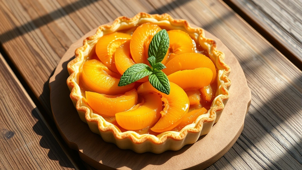 hero: beautiful golden apricot tart with caramelized apricot halves arranged on top, flaky pastry crust visible, fresh mint garnish, sitting on rustic wooden table, natural afternoon sunlight streaming across, photorealistic, no text