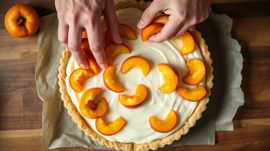 process: hands arranging fresh apricot halves on almond cream filling in tart pan, top-down view, natural kitchen lighting, pastry crust visible around edges, photorealistic, no text