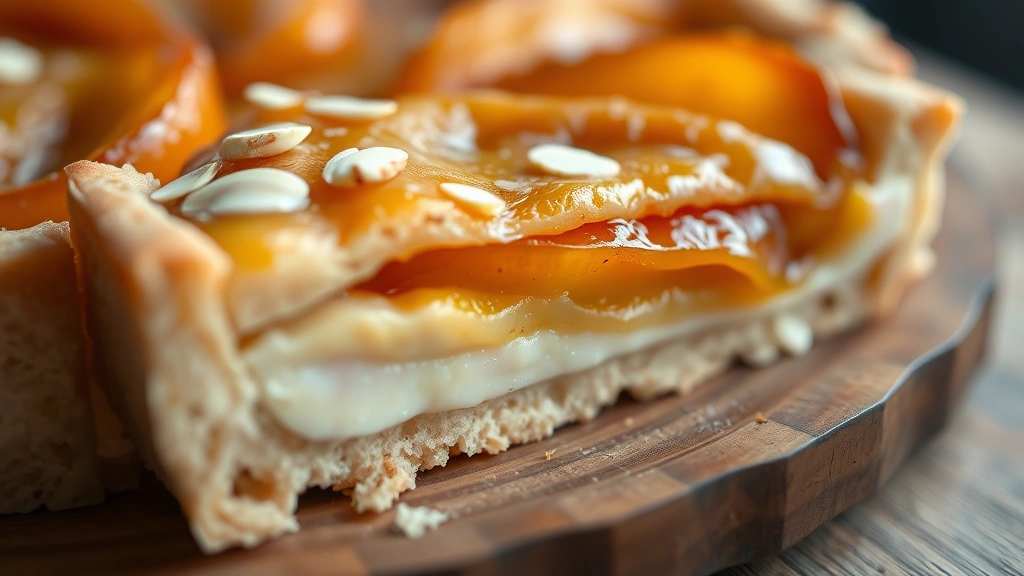 detail: close-up of sliced apricot tart showing layers of flaky pastry, creamy almond filling, and caramelized apricots with glossy glaze, shallow depth of field, natural light, photorealistic, no text