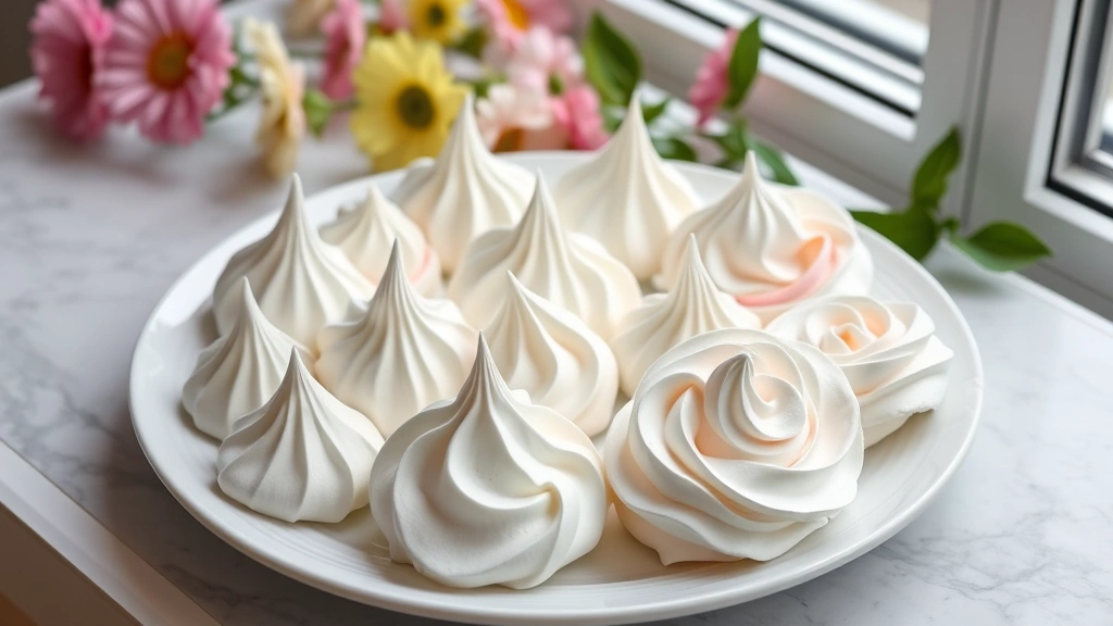 hero: plate of beautiful white and pastel-colored aquafaba meringues arranged artfully, some with peaks and some with rosette swirls, photographed from above with natural window light, fresh flowers nearby, professional food photography style, no text or watermark