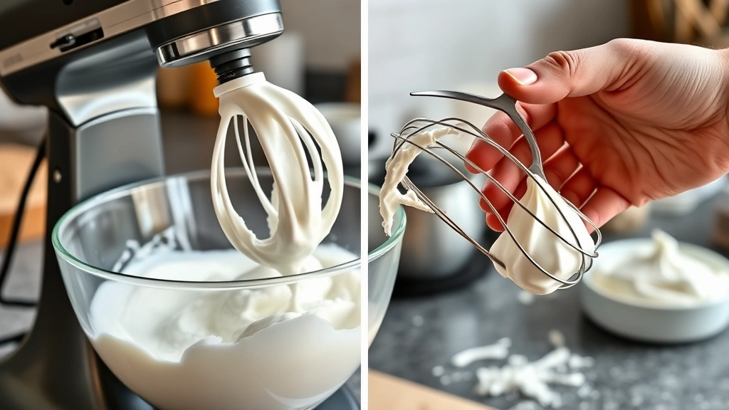 process: electric mixer whipping aquafaba into glossy stiff peaks, bowl tilted to show texture, hand holding whisk attachment, meringue clinging to beaters, kitchen counter setting with ingredients visible, natural daylight, professional food photography