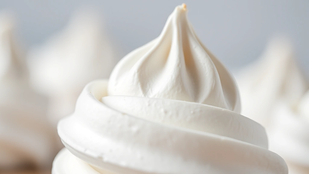 detail: close-up macro shot of single crispy aquafaba meringue showing delicate texture and peaks, shallow depth of field with blurred background, meringue catching natural light to show translucency and crispness, minimalist composition, no text