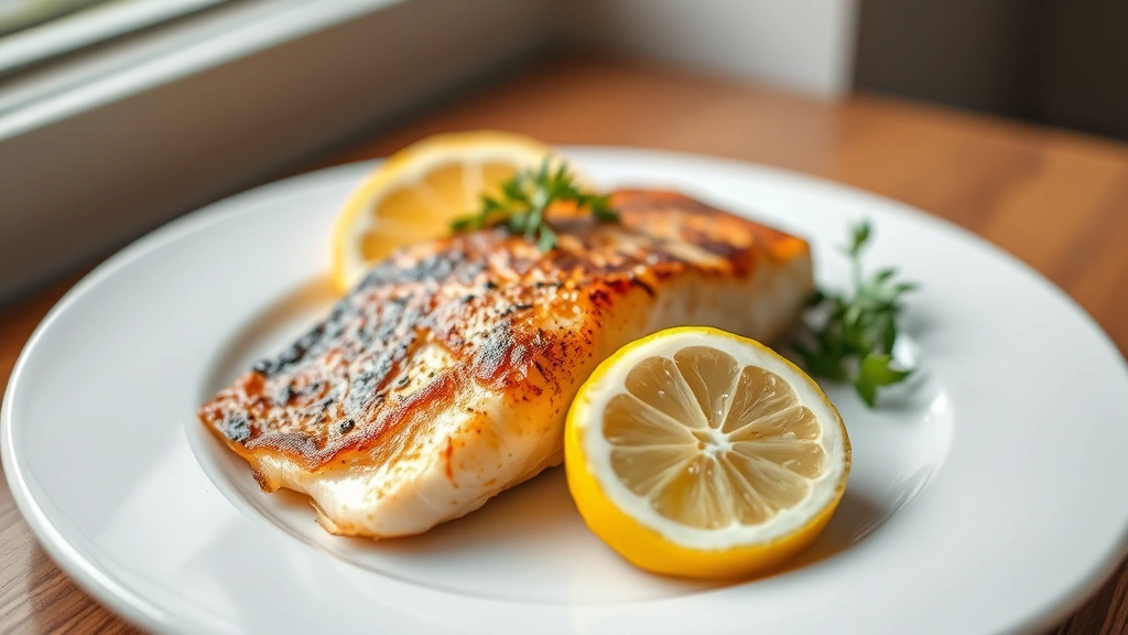 hero: perfectly seared arctic char fillet with crispy golden skin, fresh lemon wedge, herb garnish on white plate, natural window light, shallow depth of field, food photography style