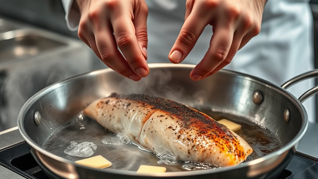 process: chef's hands flipping arctic char in stainless steel pan with butter and herbs, golden brown skin visible, steam rising, action shot, professional kitchen lighting