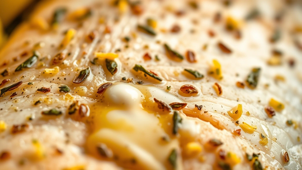 detail: extreme close-up of crispy arctic char skin texture with herb-infused butter pooling, lemon zest scattered, shallow focus, macro photography, warm golden lighting