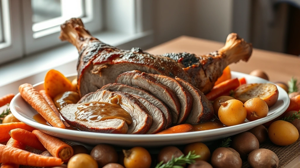 hero: perfectly cooked arm roast sliced on a platter surrounded by roasted carrots and potatoes with rich brown gravy, photorealistic, natural window light, no text