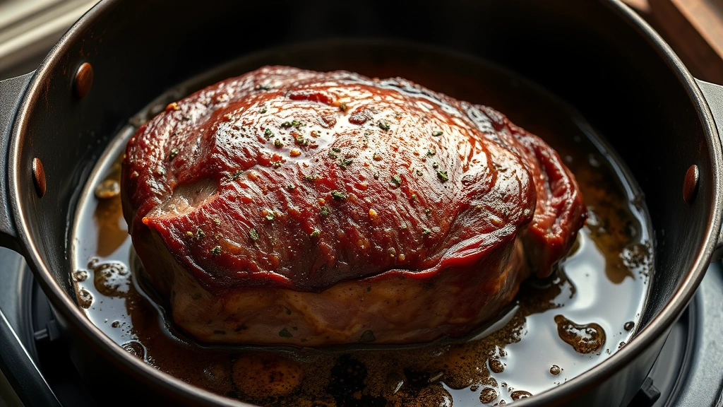 process: searing a large beef roast in a Dutch oven creating a golden crust with oil sizzling around it, photorealistic, natural light, no text
