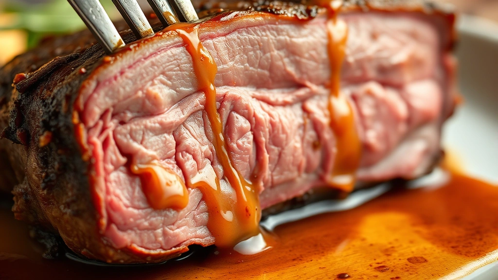 detail: close-up of fork-tender arm roast meat showing the incredibly tender texture and rich color with pan sauce dripping down, photorealistic, natural light, no text