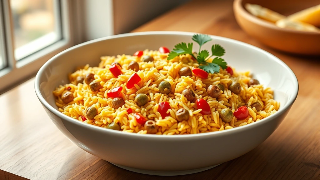 hero: finished arroz con gandules in large white serving bowl, golden rice with green gandules and red pimentos visible, fresh cilantro garnish, warm natural window light from left, shallow depth of field, vibrant colors, no text or watermarks
