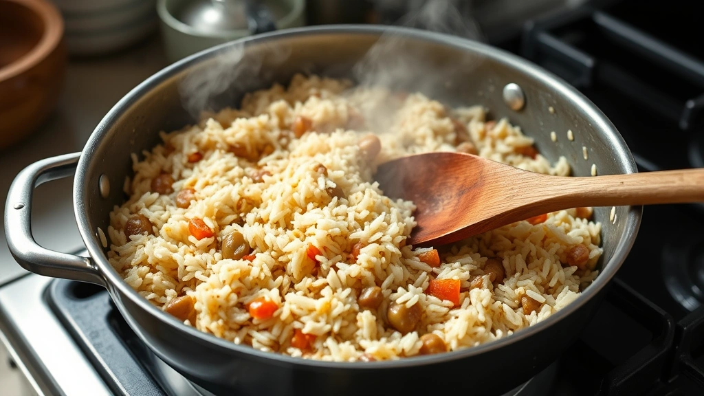 process: wooden spoon stirring rice and gandules in large skillet over stovetop, sofrito base visible, steam rising, natural kitchen lighting, action shot mid-cooking, no text