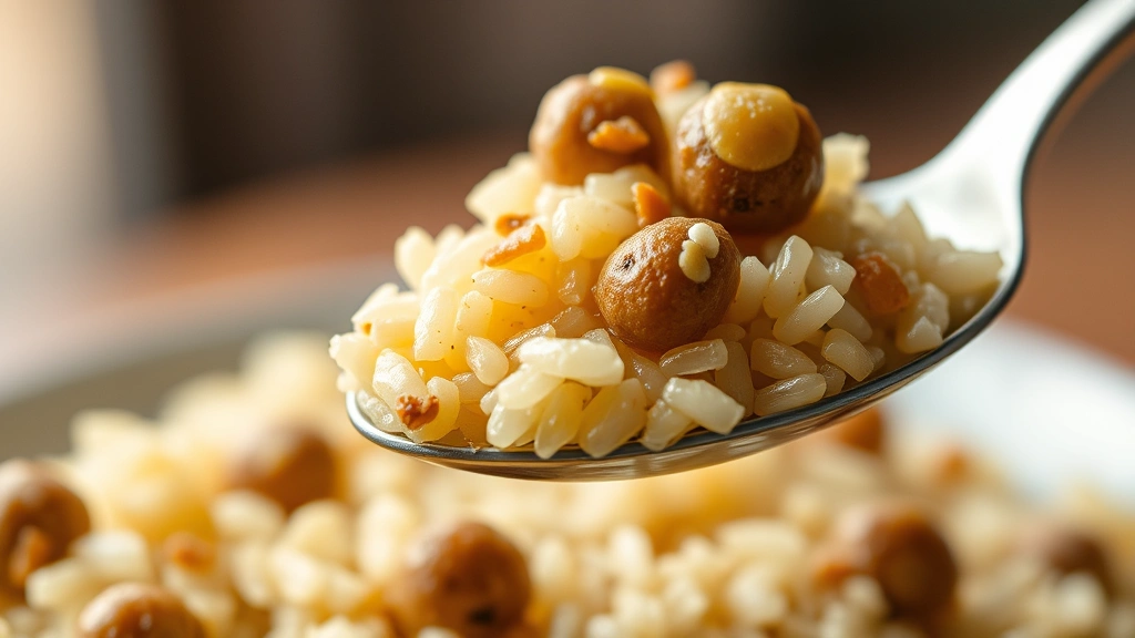 detail: close-up macro shot of single spoonful of arroz con gandules, individual rice grains visible, gandules in focus, soft natural light, shallow depth of field, appetizing presentation, no text