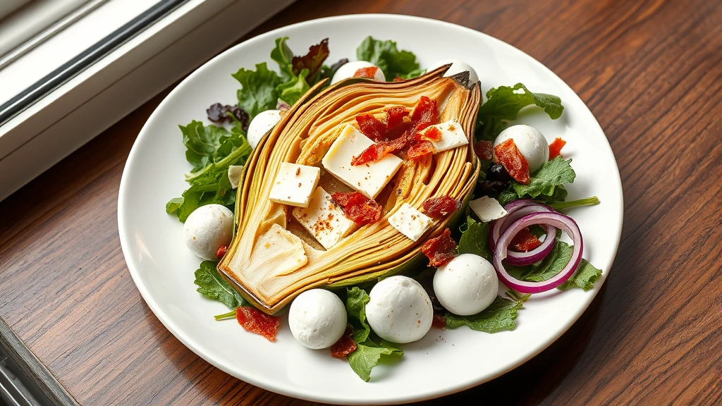 hero: beautiful plated artichoke heart salad with mixed greens, shaved Parmigiano-Reggiano, fresh mozzarella balls, crispy pancetta, and pickled red onions on white plate, photorealistic, natural daylight from window, no text, overhead angle