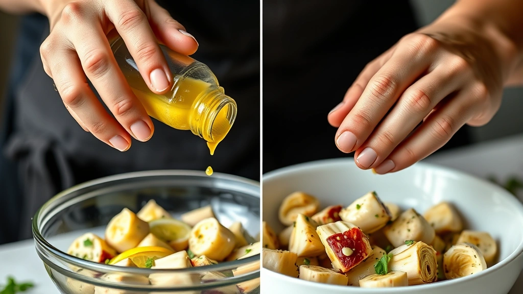 process: hands assembling artichoke salad, drizzling lemon vinaigrette over marinated artichoke hearts in bowl, photorealistic, natural kitchen light, no text, close-up angle