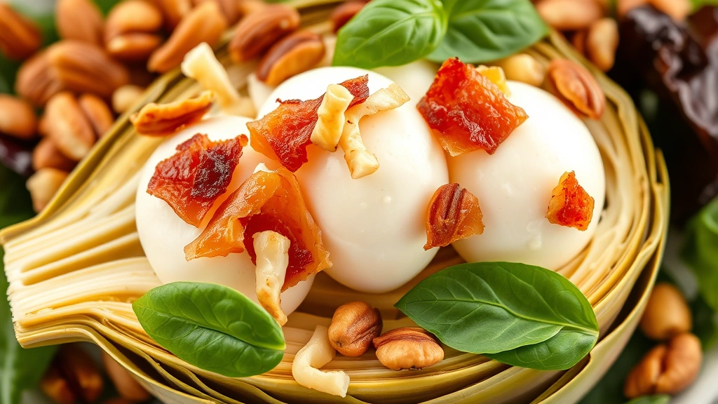 detail: close-up of artichoke heart salad layers showing fresh mozzarella, shaved cheese curls, crispy pancetta, toasted pine nuts, and fresh basil garnish, photorealistic, natural light, macro photography, no text