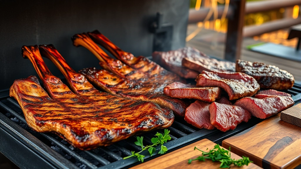 hero: sizzling asado beef ribs and steaks on charcoal grill, golden brown crust, smoke rising, wooden boards with fresh herbs nearby, warm golden hour lighting, natural outdoor setting, rustic Argentine aesthetic