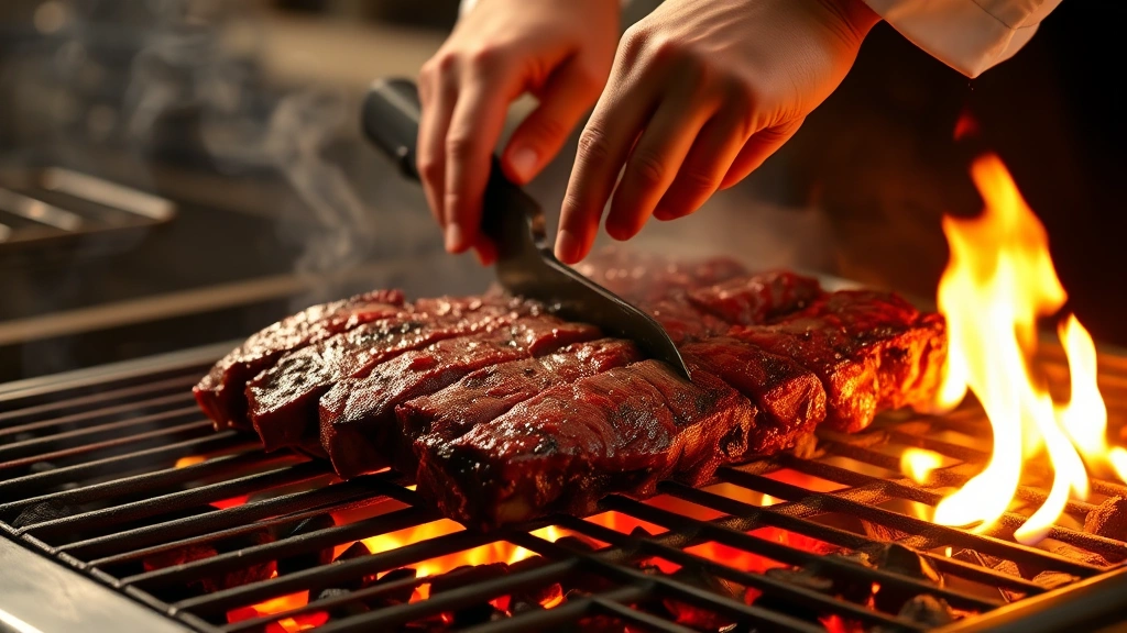 process: hands placing beef short ribs on charcoal grill, flames and coals visible, chef tending fire, professional grill setup, smoky atmospheric lighting, close action shot