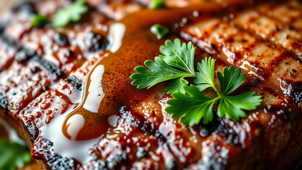 detail: close-up of grilled beef with perfect crust, chimichurri sauce drizzle, fresh parsley garnish, succulent texture visible, natural daylight, shallow depth of field highlighting meat quality