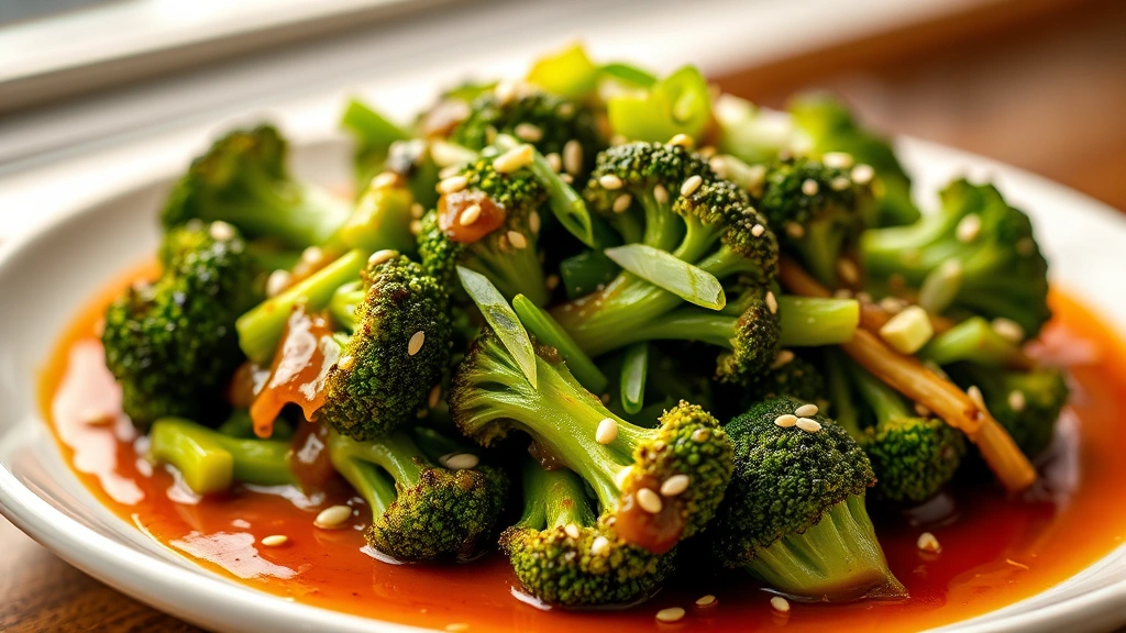 hero: vibrant green broccoli florets with charred edges coated in glossy caramel-colored sauce, garnished with white sesame seeds and sliced green onions, served on white ceramic plate, warm natural window light, shallow depth of field, professional food photography style