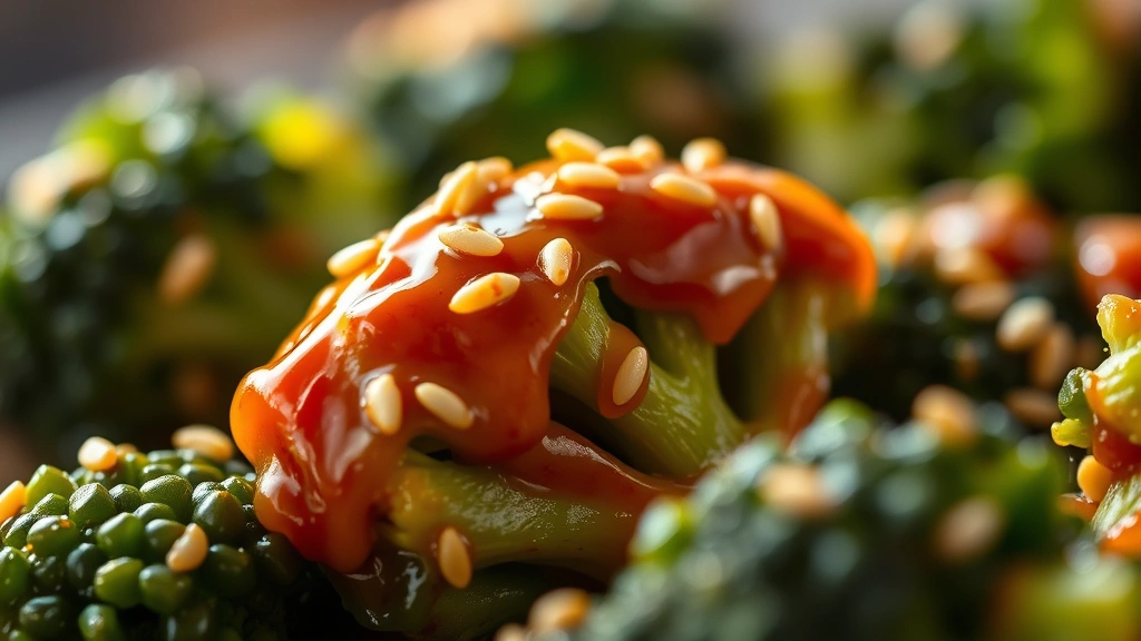 detail: close-up macro shot of single broccoli floret with glossy sauce coating and sesame seeds, shallow focus highlighting sauce texture and caramelization, warm natural light creating highlights on the surface
