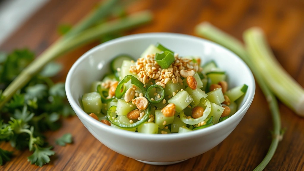 hero: vibrant smashed Asian cucumber salad in white ceramic bowl, garnished with sesame seeds, crushed peanuts, and green onions, soft natural daylight from left, wooden table surface, shallow depth of field, appetizing and fresh