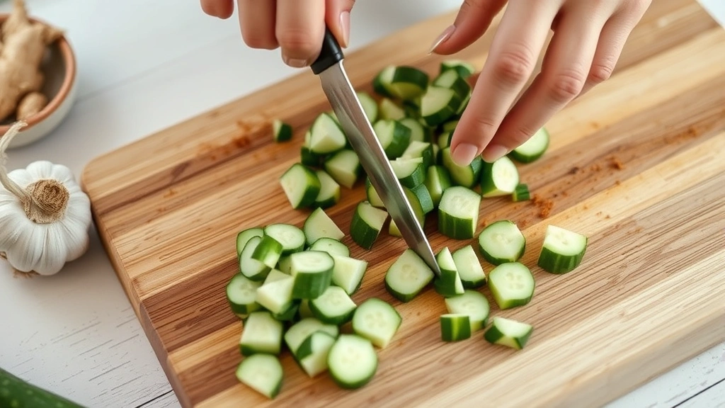 process: hands using flat knife blade to smash cucumber pieces on wooden cutting board, garlic and ginger visible nearby, morning natural light, close-up action shot, authentic cooking technique demonstration