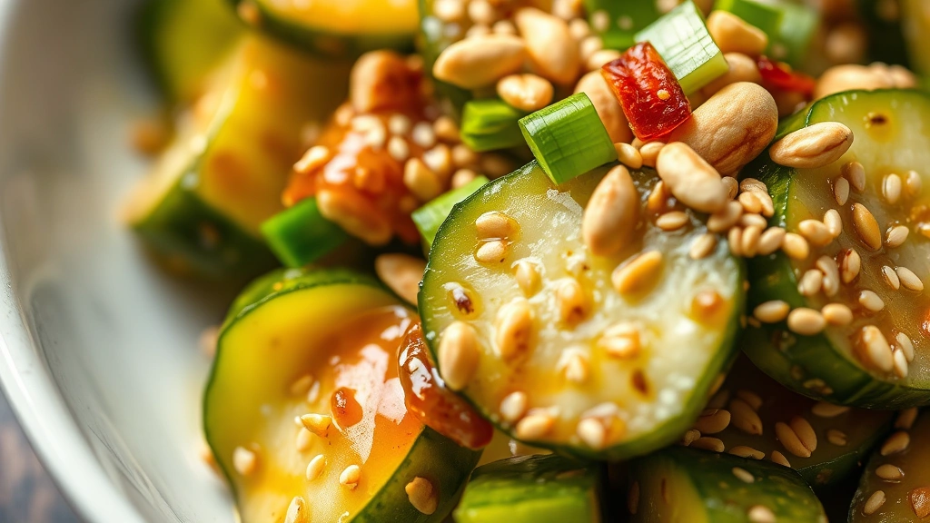 detail: close-up of finished Asian cucumber dish showing individual pieces coated in glossy sesame dressing, sesame seeds and peanuts on top, garnished with green onions and chili, macro photography, shallow focus, inviting and delicious