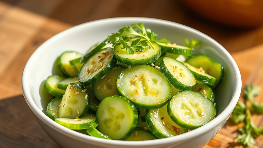 hero: vibrant Asian cucumber salad with sesame seeds and fresh herbs, served in a white ceramic bowl, bright natural daylight streaming from left, cucumber slices glistening with dressing, photorealistic, appetizing, no text or watermarks