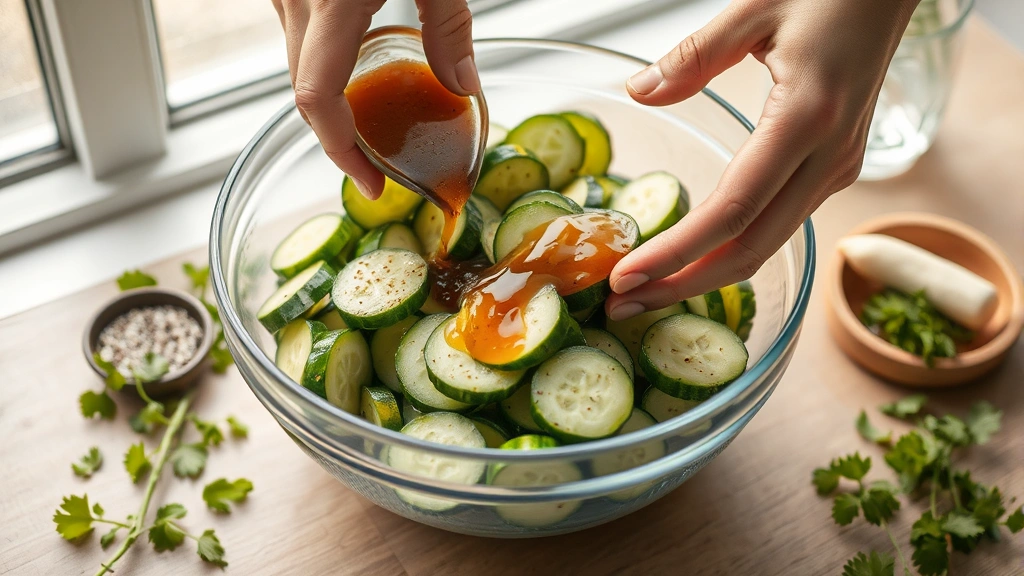 process: hands tossing sliced cucumbers with sesame dressing in a large glass bowl, fresh cilantro and mint scattered nearby, soft natural window light, photorealistic, culinary technique focus, no text