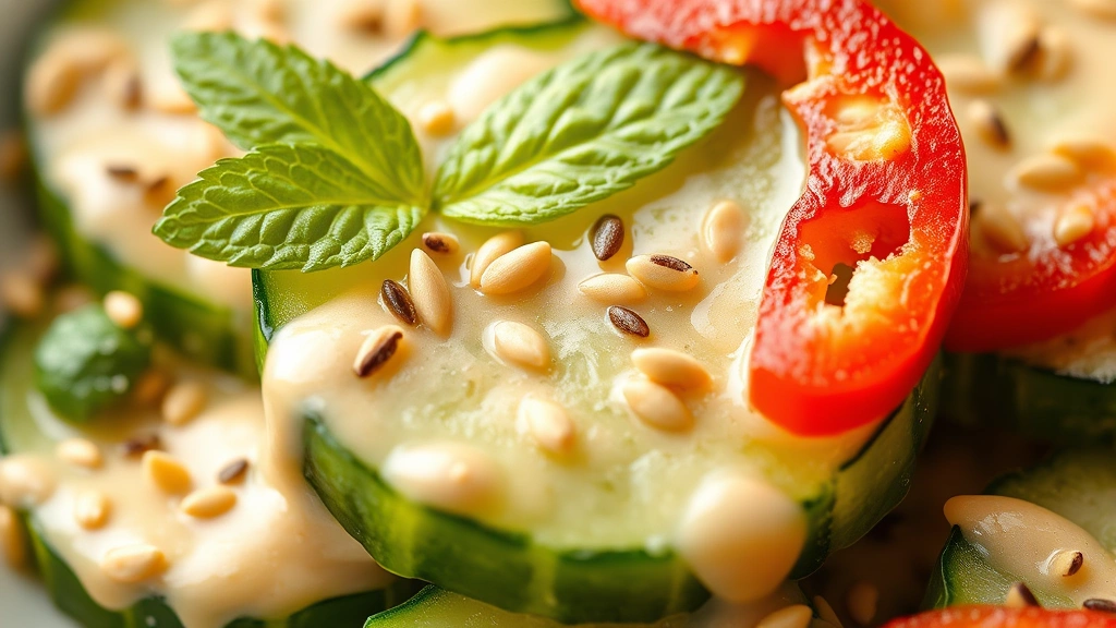 detail: close-up of individual cucumber slice coated in creamy sesame dressing with sesame seeds, fresh mint leaf, and red chili slice, macro photography style, natural light, photorealistic, appetizing, no text