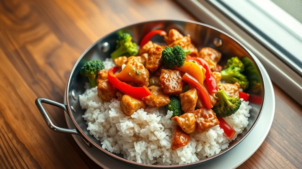 hero: colorful Asian stir-fry with chicken, broccoli, and bell peppers in a wok, steaming hot with glossy sauce, served over white rice on a white plate, photorealistic, natural window lighting, no text, overhead angle