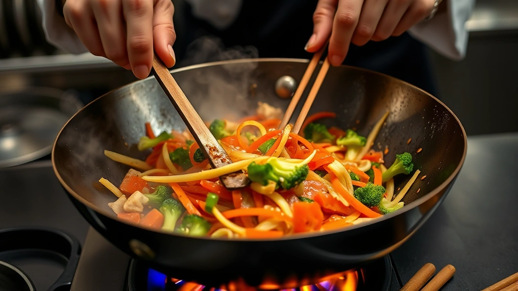 process: chef's hands stirring vegetables in a hot wok with visible sizzle and steam, minced garlic and ginger visible, high heat flames beneath wok, photorealistic, professional kitchen lighting, no text, action shot
