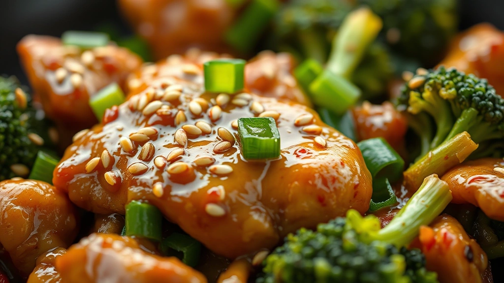detail: close-up macro shot of finished stir-fry showing sesame seeds, green onions, glistening sauce coating chicken and broccoli, water droplets visible, photorealistic, natural light, no text, shallow depth of field