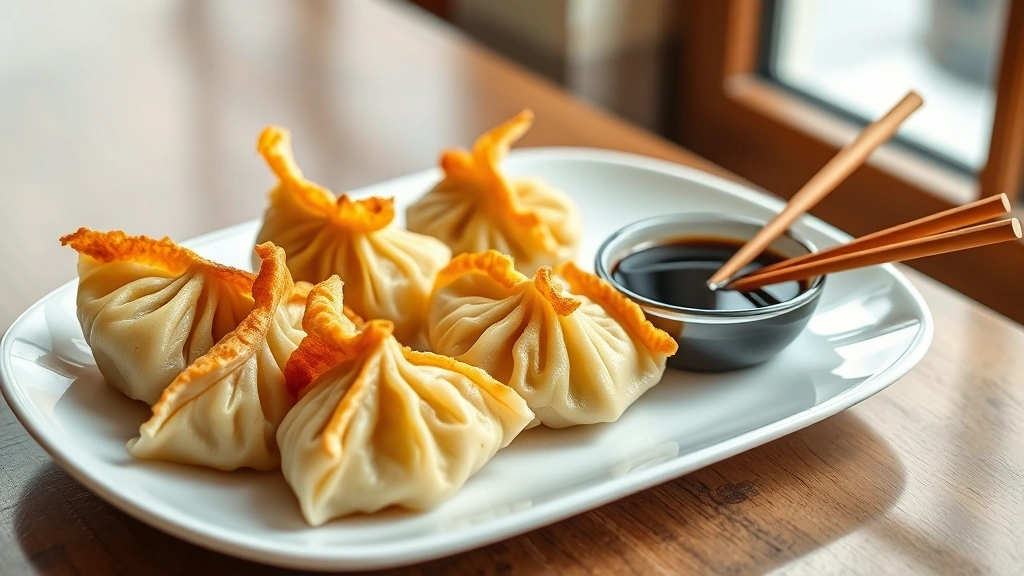 hero: golden pan-fried Asian dumplings on white plate with soy dipping sauce and chopsticks, photorealistic, natural bright window light, no text, shallow depth of field