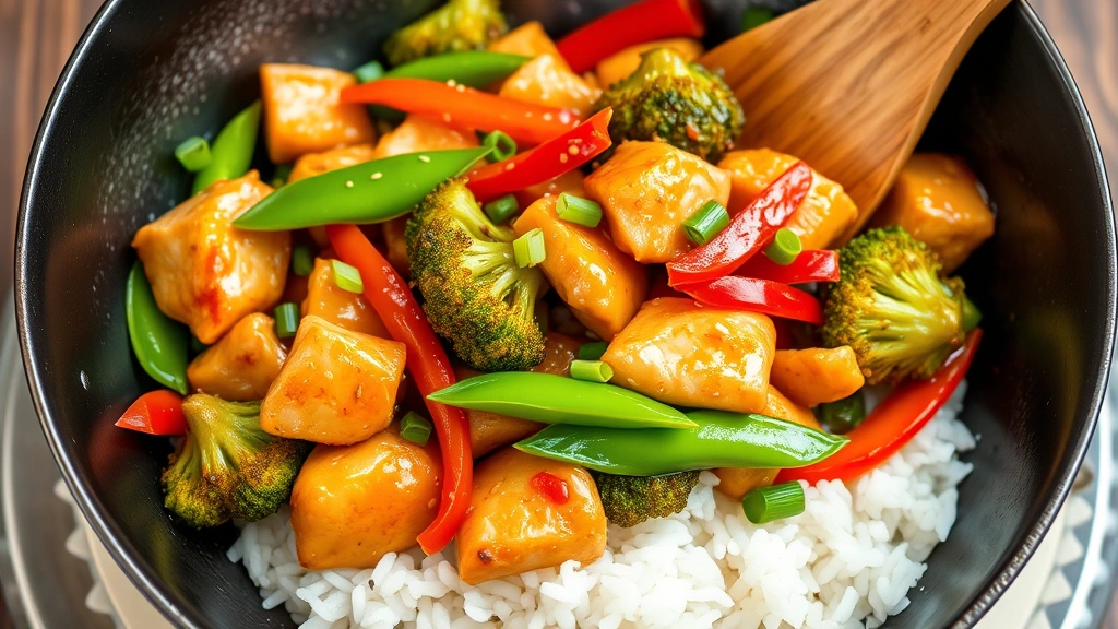 hero: vibrant Asian chicken stir-fry in a wok with colorful bell peppers, broccoli, and snap peas glistening with glossy sauce, steam rising, served over fluffy jasmine rice, photorealistic, natural daylight from above, garnished with sesame seeds and green onions, no text