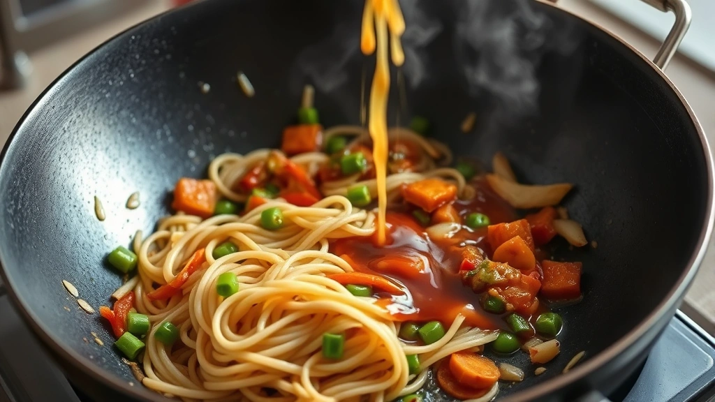process: wok with noodles and vegetables being tossed together, sauce glistening on ingredients, steam rising, mid-stir action shot, photorealistic, natural lighting, no text