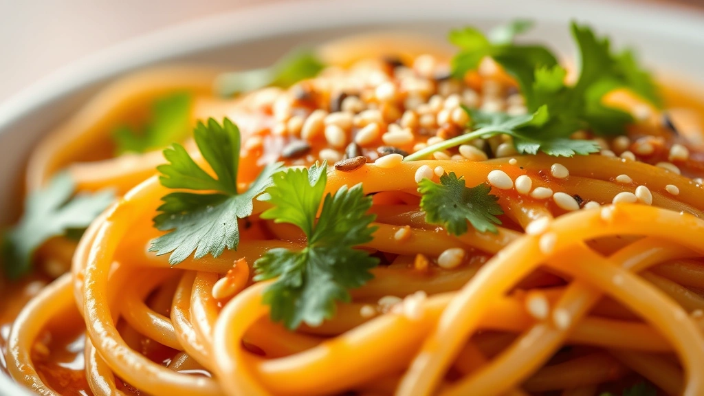 detail: close-up macro shot of noodles coated in glossy sauce with sesame seeds and fresh cilantro garnish, depth of field blur in background, photorealistic, natural light, no text