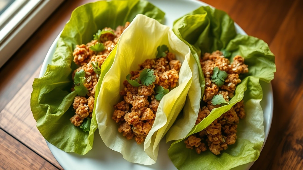 hero: overhead view of Asian lettuce wraps filled with ground meat mixture, topped with sesame seeds and cilantro on a white plate, soft natural window light, shallow depth of field