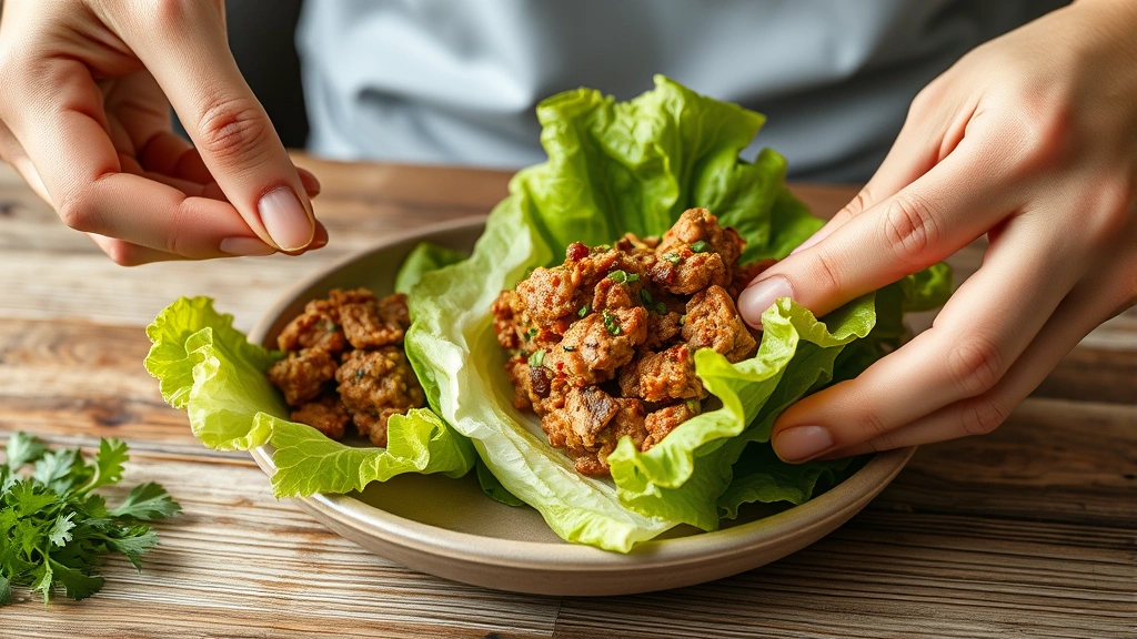 process: hands assembling lettuce wrap by adding meat filling to crisp lettuce leaf, showing the interactive nature of the dish, natural daylight, photorealistic