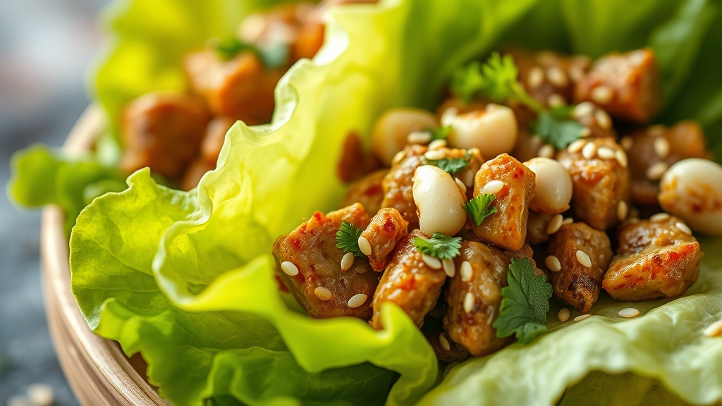 detail: close-up macro shot of finished lettuce wrap showing texture of meat filling, water chestnuts, sesame seeds, and fresh herbs, warm natural lighting