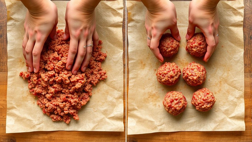 process: hands forming ground meat mixture into meatballs on parchment paper, photorealistic, natural light, close overhead angle, no text or watermark