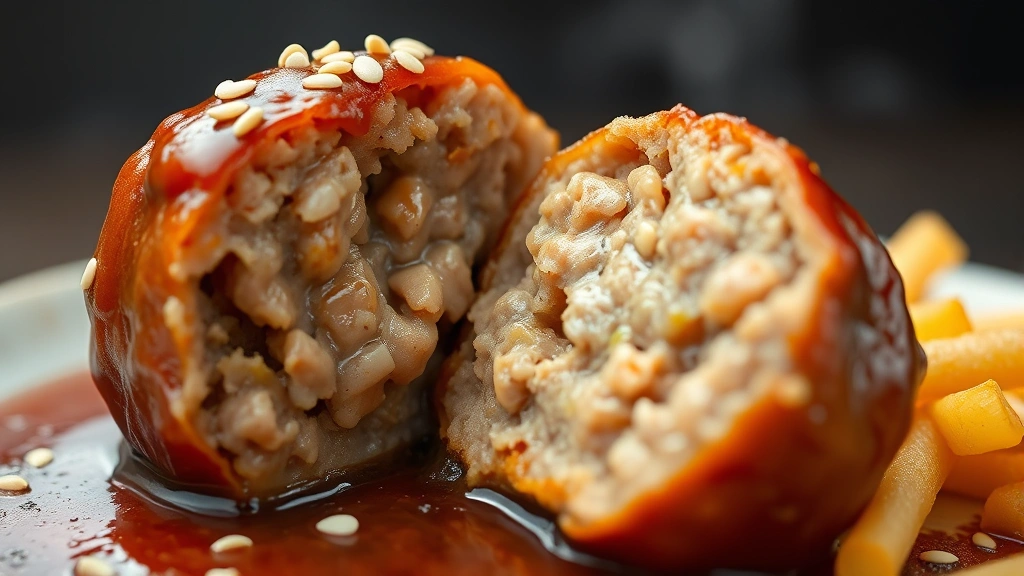 detail: close-up of single meatball cut in half showing tender interior and glossy sauce coating, sesame seeds visible, photorealistic, macro photography, natural light, no text or watermark