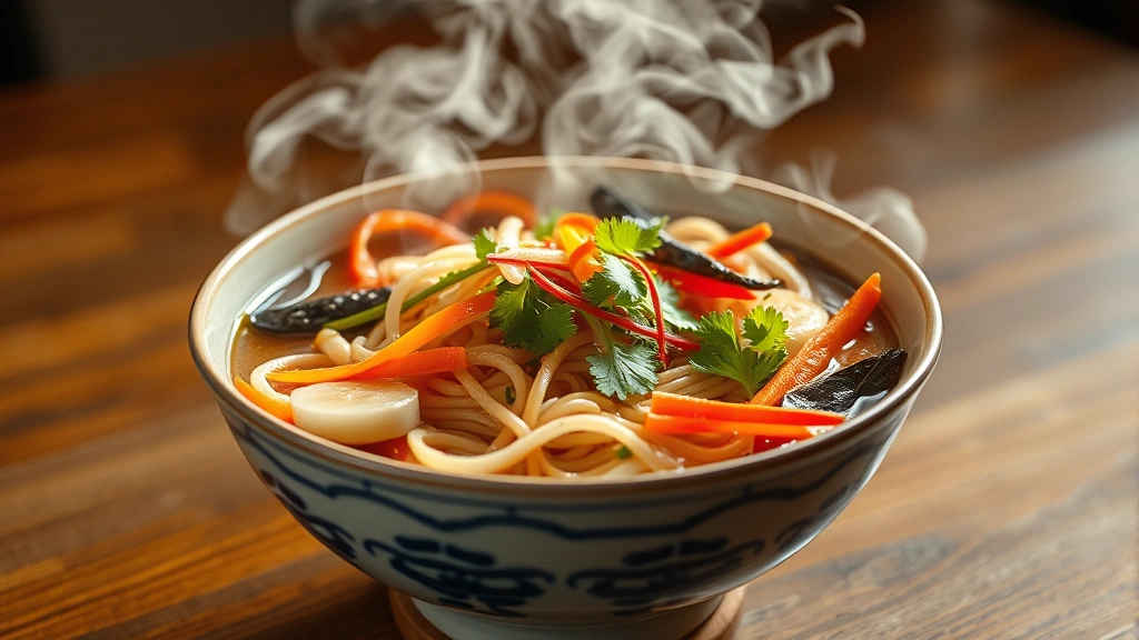 hero: steaming bowl of Asian noodles with vibrant vegetables and garnishes, photorealistic, natural warm lighting, steam rising from bowl, no text