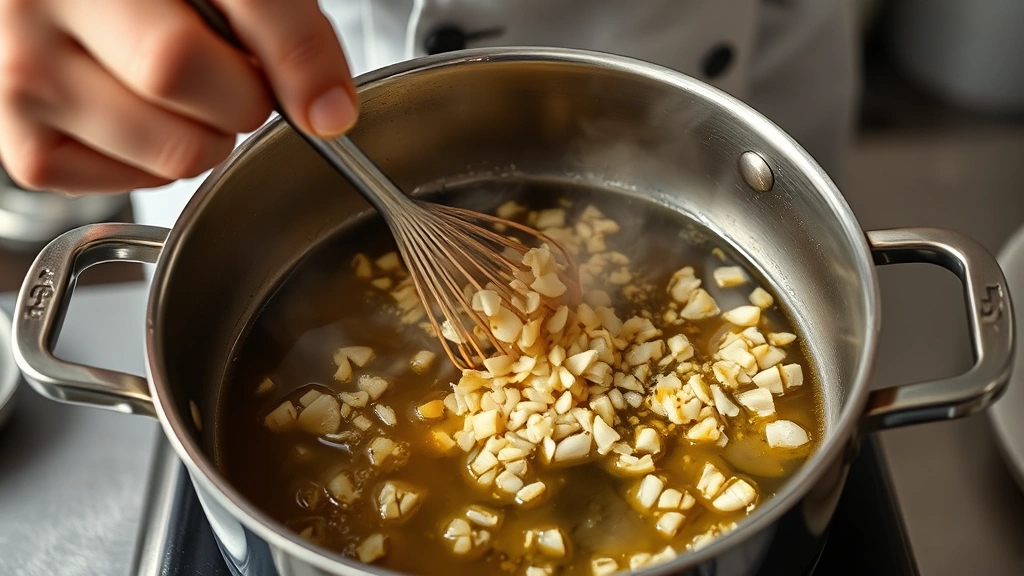 process: chef stirring minced garlic and ginger in hot oil in a pot, photorealistic, natural kitchen lighting, aromatic steam visible, no text