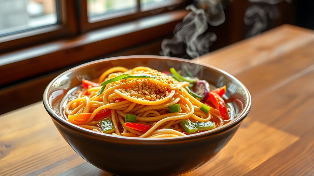 hero: vibrant bowl of glossy Asian noodles with sesame seeds, green onions, and colorful vegetables, steam rising, wooden table background, photorealistic, natural window light, no text, 16:9
