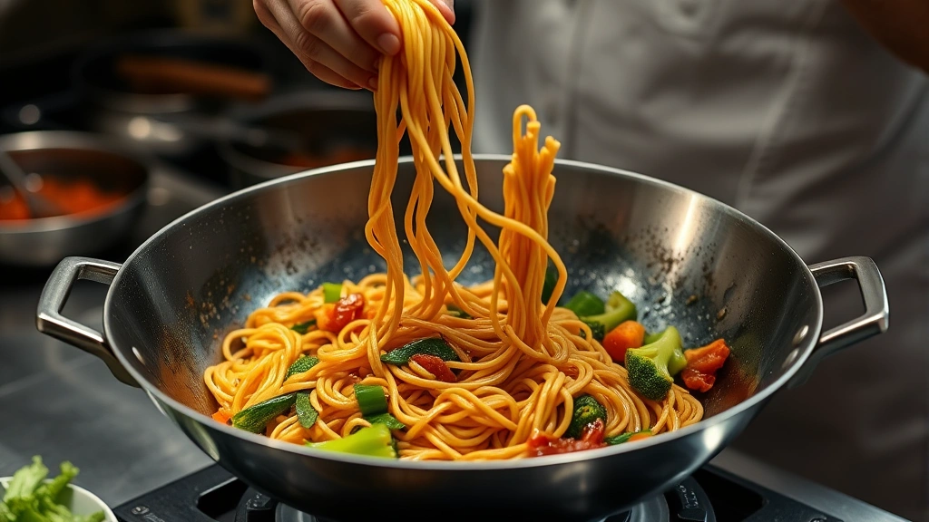 process: hands tossing noodles in a wok with sauce and vegetables, mid-action, professional kitchen lighting, photorealistic, no text, 16:9
